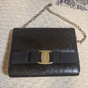 Salvatore Ferragamo Black Ostrich-Embossed Vara Bow Crossbody